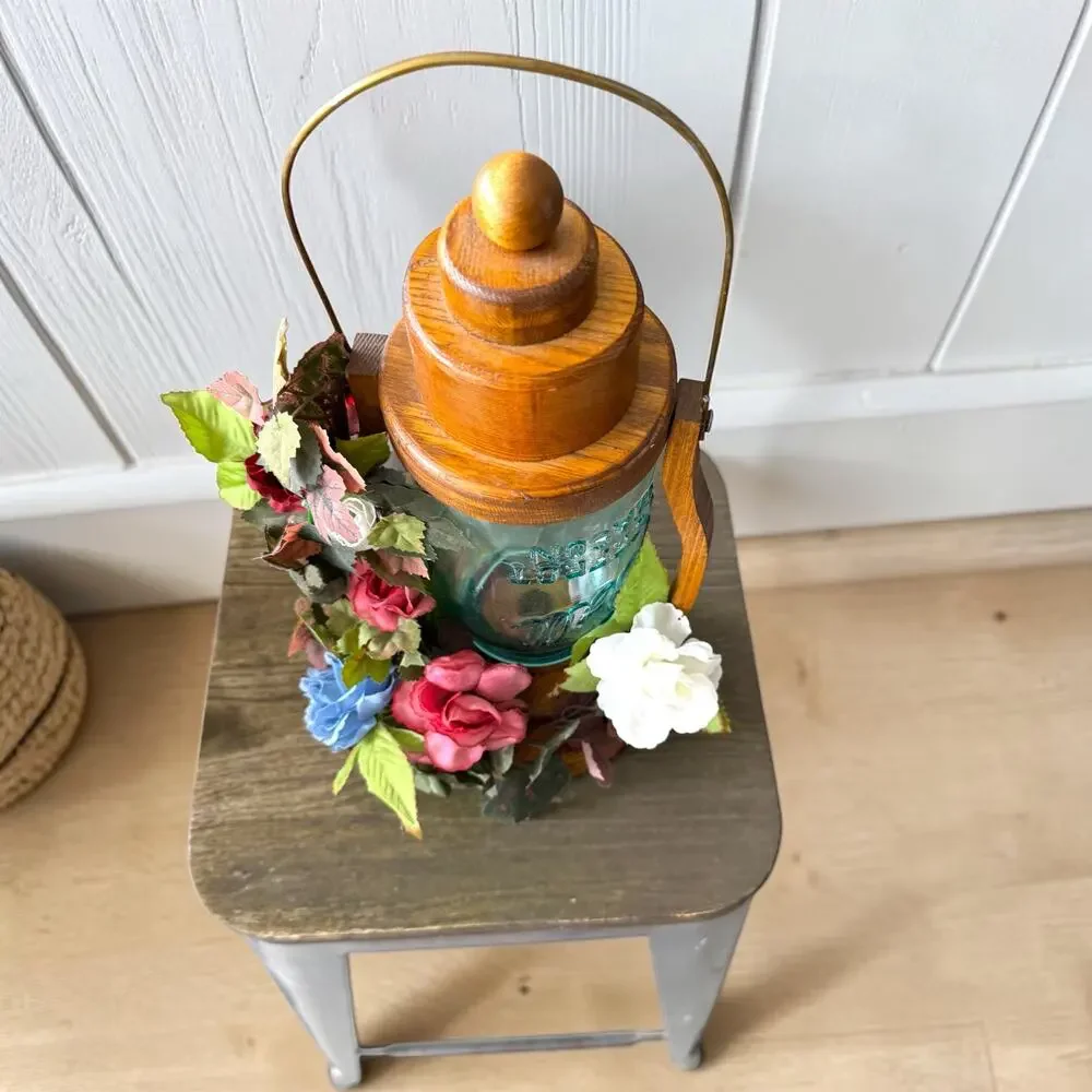 Vintage Handmade Wood Candle Lantern Aqua Perfect Mason Jar Silk Flowers